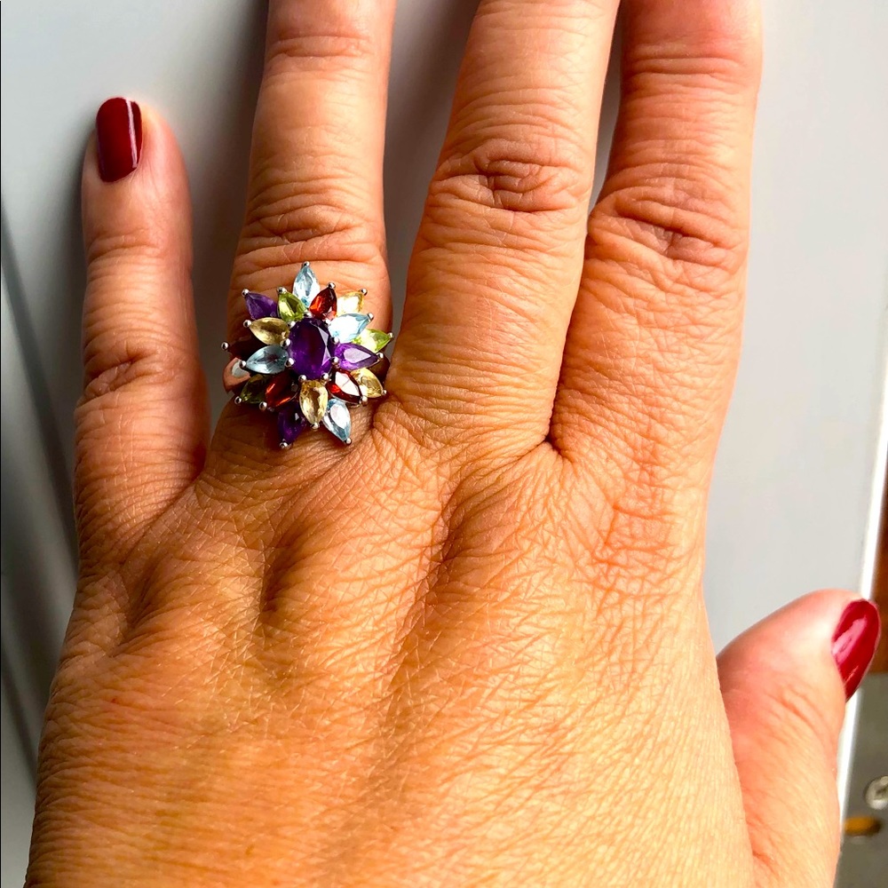 Sterling Silver Gemstone Floral Cluster Ring - Picture 6 of 6